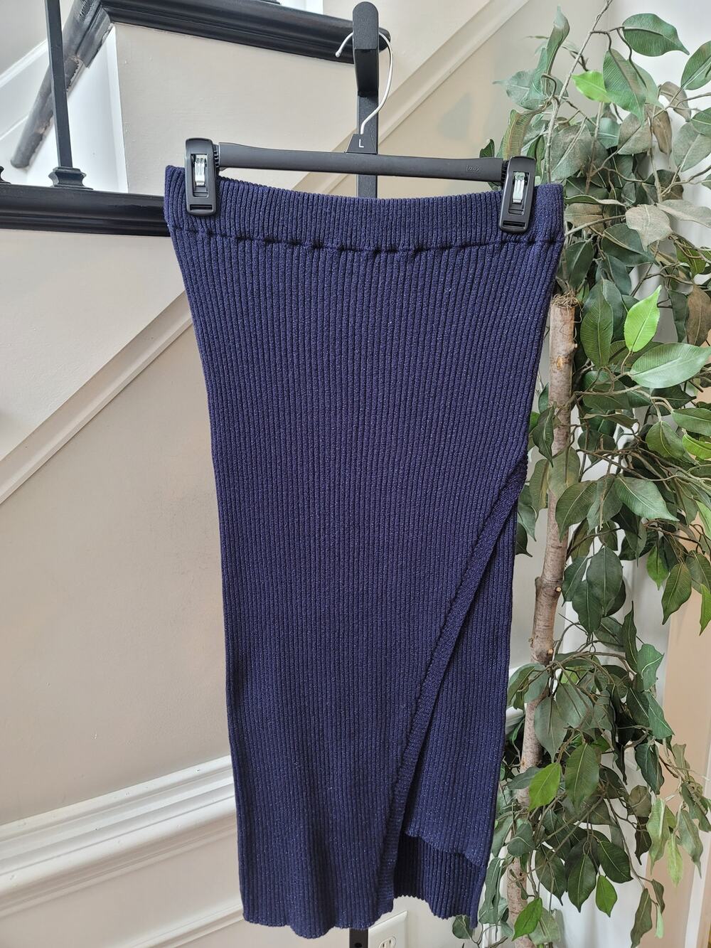 Aqua Pencil Skirt Women's Small Navy Glitter Ribbed Wrap-Front Slit Stretch